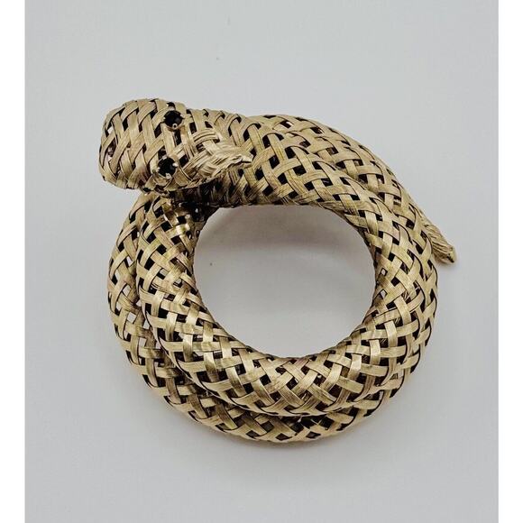 Vintage Coiled Woven Mesh Snake Brooch Pin Rhinestone Eyes - Picture 4 of 10